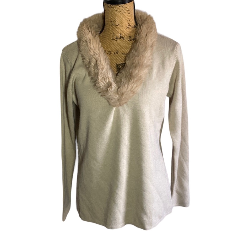 Apart Impressions Wool V-Neck Blend Sweater w/ Faux Fur Collar Size Large